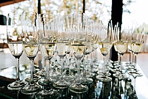 Champagne glasses closeup, Wedding reception alcohol drink table