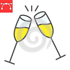 Champagne glasses color line icon, merry christmas and toast, two glasses of champagne sign vector graphics, editable