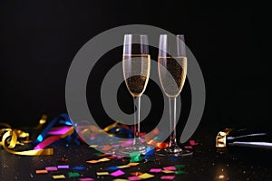 Champagne glasses and colourful streamers and glitter confetti on a happy new year background created with generative AI