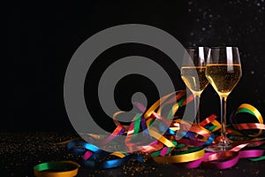 Champagne glasses and colourful streamers and glitter confetti on a happy new year background created with generative AI