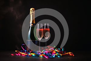 Champagne glasses and colourful streamers and glitter confetti on a happy new year background created with generative AI