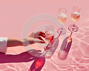 Champagne glasses with female hand reaching to grab one