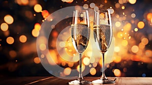 Champagne glasses filled with effervescent wine set against backdrop of bokeh in the night sky, creating a festive ambiance.