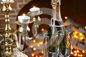 Champagne glasses with the fireplace