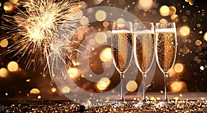 Champagne glasses with fireworks and golden confetti Image