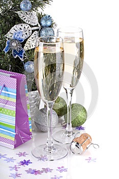 Champagne glasses, firtree and christmas decor