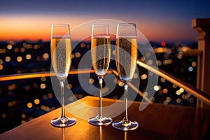 Champagne glasses flutes on balcony overlooking city, festive special occasion