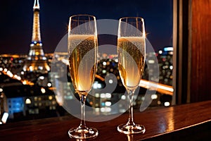 Champagne glasses flutes on balcony overlooking city, festive special occasion