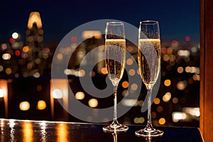 Champagne glasses flutes on balcony overlooking city, festive special occasion