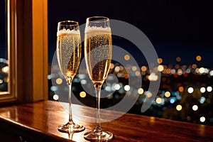 Champagne glasses flutes on balcony overlooking city, festive special occasion