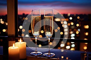 Champagne glasses flutes on balcony overlooking city, festive special occasion