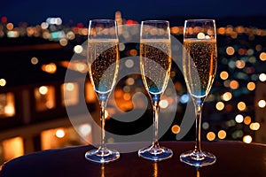 Champagne glasses flutes on balcony overlooking city, festive special occasion