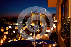 Champagne glasses flutes on balcony overlooking city, festive special occasion