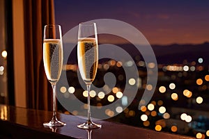 Champagne glasses flutes on balcony overlooking city, festive special occasion