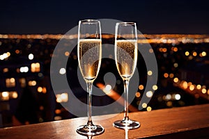 Champagne glasses flutes on balcony overlooking city, festive special occasion