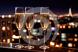 Champagne glasses flutes on balcony overlooking city, festive special occasion