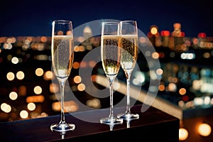 Champagne glasses flutes on balcony overlooking city, festive special occasion