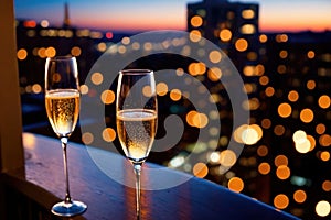 Champagne glasses flutes on balcony overlooking city, festive special occasion