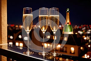 Champagne glasses flutes on balcony overlooking city, festive special occasion