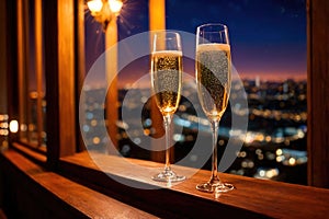 Champagne glasses flutes on balcony overlooking city, festive special occasion