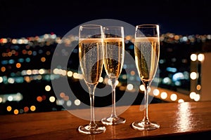 Champagne glasses flutes on balcony overlooking city, festive special occasion