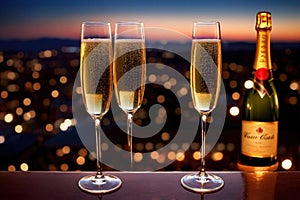 Champagne glasses flutes on balcony overlooking city, festive special occasion