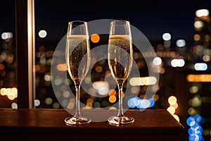 Champagne glasses flutes on balcony overlooking city, festive special occasion