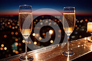 Champagne glasses flutes on balcony overlooking city, festive special occasion