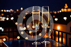 Champagne glasses flutes on balcony overlooking city, festive special occasion