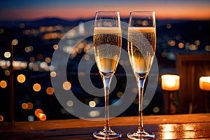 Champagne glasses flutes on balcony overlooking city, festive special occasion