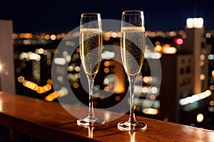 Champagne glasses flutes on balcony overlooking city, festive special occasion