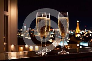 Champagne glasses flutes on balcony overlooking city, festive special occasion