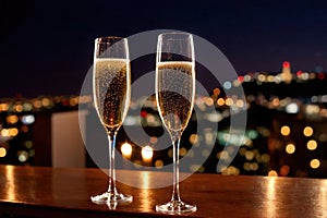 Champagne glasses flutes on balcony overlooking city, festive special occasion