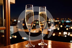 Champagne glasses flutes on balcony overlooking city, festive special occasion