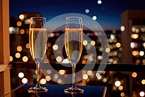 Champagne glasses flutes on balcony overlooking city, festive special occasion