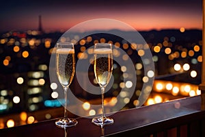 Champagne glasses flutes on balcony overlooking city, festive special occasion