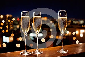 Champagne glasses flutes on balcony overlooking city, festive special occasion