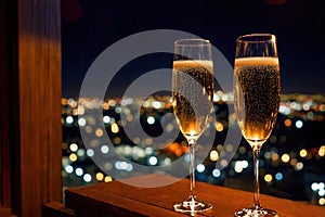 Champagne glasses flutes on balcony overlooking city, festive special occasion