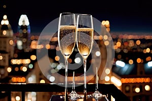 Champagne glasses flutes on balcony overlooking city, festive special occasion