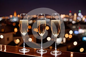 Champagne glasses flutes on balcony overlooking city, festive special occasion