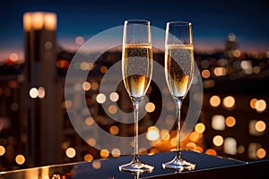 Champagne glasses flutes on balcony overlooking city, festive special occasion