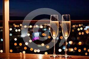 Champagne glasses flutes on balcony overlooking city, festive special occasion