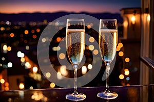 Champagne glasses flutes on balcony overlooking city, festive special occasion