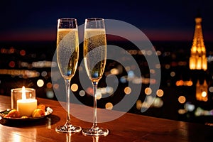 Champagne glasses flutes on balcony overlooking city, festive special occasion