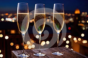 Champagne glasses flutes on balcony overlooking city, festive special occasion