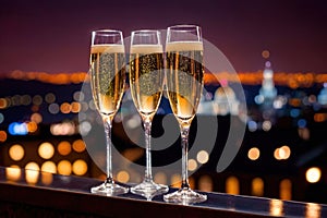 Champagne glasses flutes on balcony overlooking city, festive special occasion