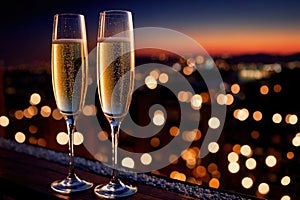 Champagne glasses flutes on balcony overlooking city, festive special occasion