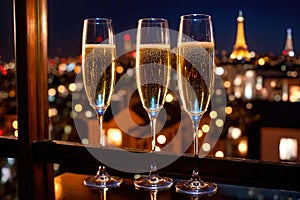 Champagne glasses flutes on balcony overlooking city, festive special occasion