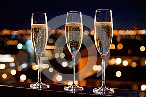 Champagne glasses flutes on balcony overlooking city, festive special occasion