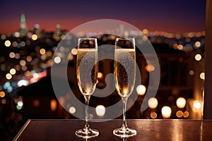 Champagne glasses flutes on balcony overlooking city, festive special occasion